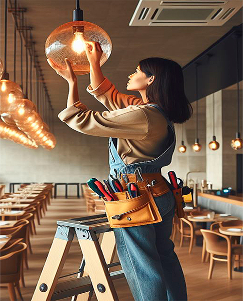 mujer electricista montando una lámpara en un restaurante